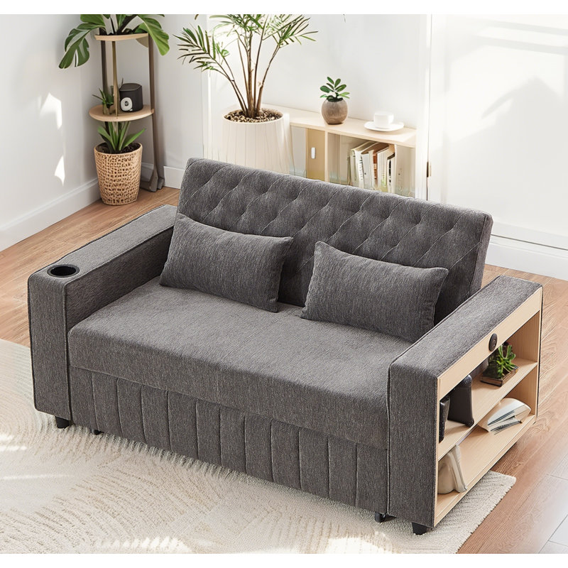 Canapé-lit coulissant, dossier réglable à 3 positions et ports USB, Gris