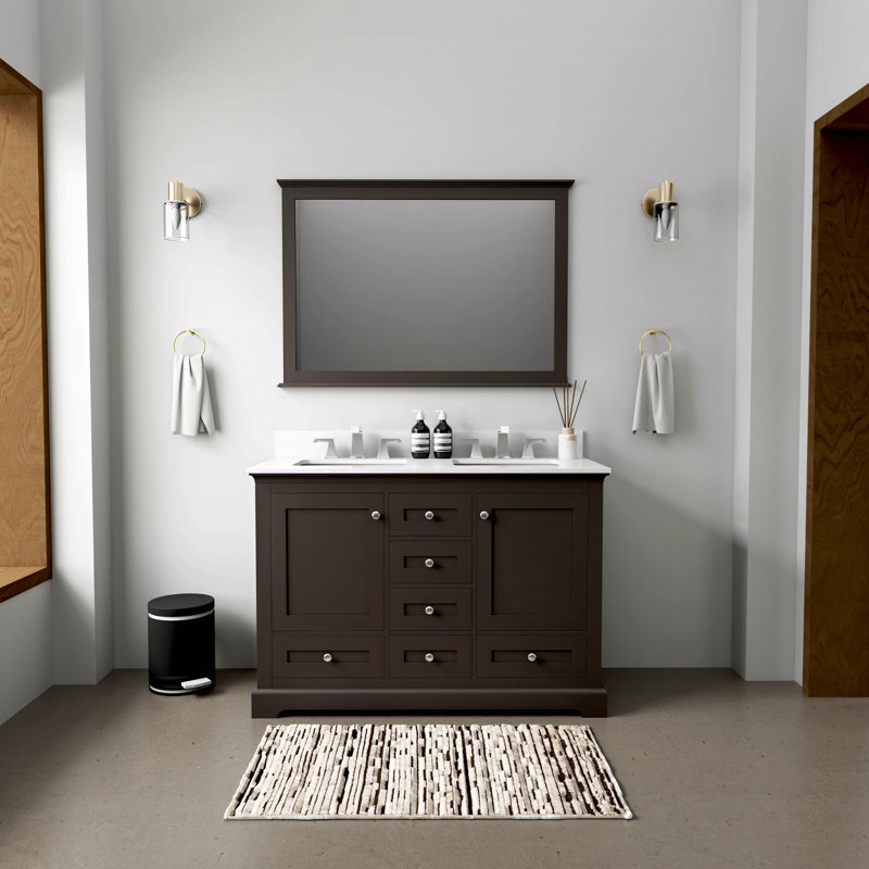 Double Bath Vanity 48 In. W X 22 In. D, With White Quartz Top, Brown