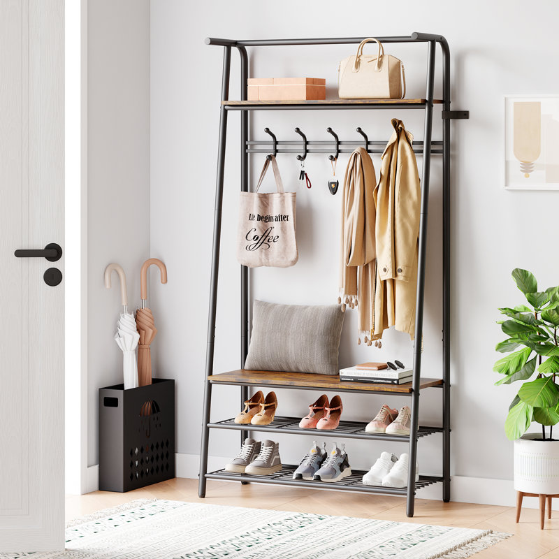 3-in-1 Hall Tree with Bench and Shoe Storage in Rustic Brown - Metal Frame Coat Rack with 5 Hooks and Clothes  for Hallway or Entry Area. 80cm