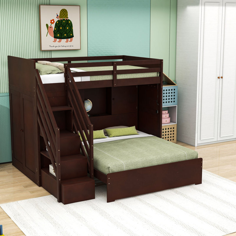 Bunk Bed with Wardrobe,USB and Lights, Espresso