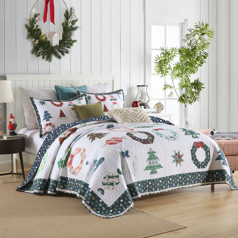 MarCielo 3 Pcs Christmas Quilt Bedspread Set Candy Blue BY206, Queen Quilt + 2 Queen Pillow Shams
