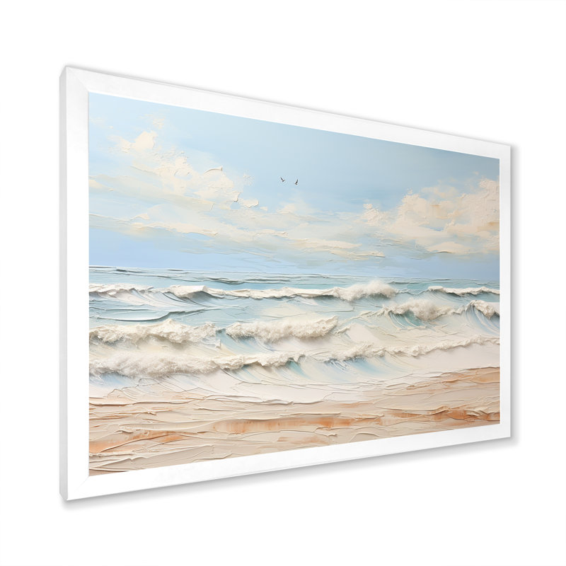 «Modern Coastal Beige and Blue Beach» - art mural océan côtier, H 34 po x l 44 po x P 1,5 po, Cadre blanc
