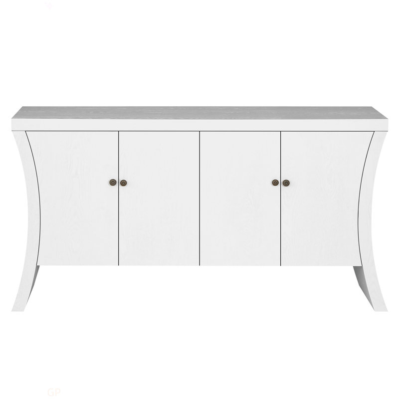 Crédence raffinée industrielle à 4 portes avec pieds en arc et fermoirs en bronze - Conception de rangement avancée, artisanat solide, blanc