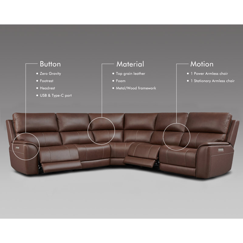 Canapé modulaire inclinable en cuir de 123 po, 3 fauteuils inclinables électriques, soutien lombaire réglable et appui-tête