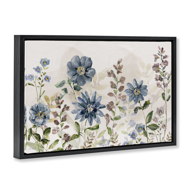 Marguerites sauvages et fougères, Cadre flottant noir de jais, H 17 po x l 25 po