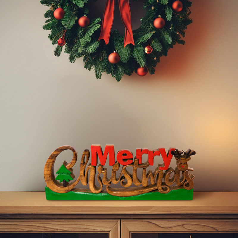 Handmade Wooden Sculpture of Merry Christmas with Fir Tree – Modern Table Christmas Decor & Gift