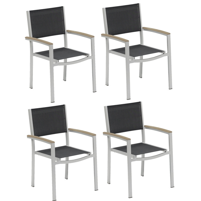 Travira Stacking Patio Arm Chair, Ninja Black Basketweave, Tekwood Natural, Flint