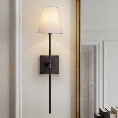 25" Tall Transitional Wall Sconce In Bronze With White Linen Shade Modern Farmhouse Fabric Wall Light Fixture For Bedside Hallway Bathroom