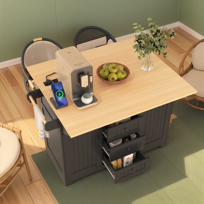Îlot de cuisine 55,7 po avec 2 abattants pour 4 à 6 places K&K, chariot de cuisine sur roulettes à 5 roulettes avec prise de courant, table de salle à manger pliante avec porte-épices et porte-serviettes, 3 tiroirs, pour la cuisine, la salle à mange