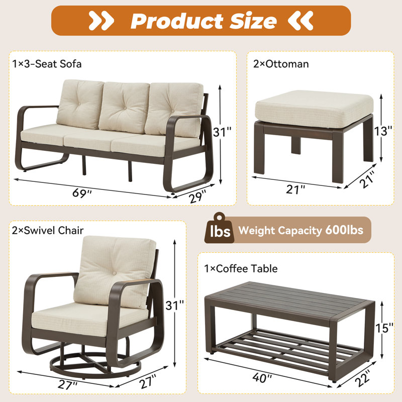 5 - Person Patio Conversation Set with Cushions, Beige