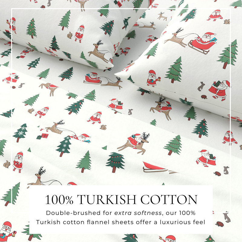 100% Turkish Cotton Flannel Christmas Sheet Sets, Santa, California King with 2 Pillowcases