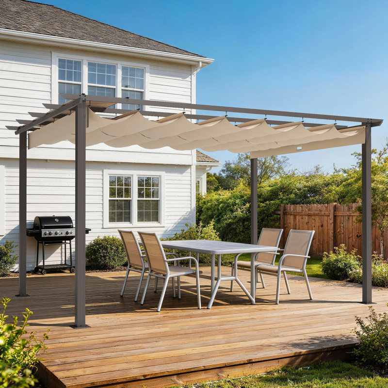Pergola en aluminium avec auvent rétractable, Brun, Clôture en bois x P 10 po