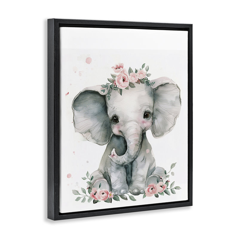  «Nursery Floral Elephant Floater», art mural sur toile par LSR Design Studio, H 31 po x l 25 po, Cadre flottant noir de jais