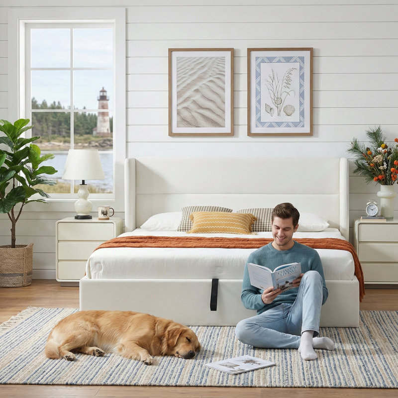 Lit plateforme tapissier avec rangement Gaillarde, Grand, Crème