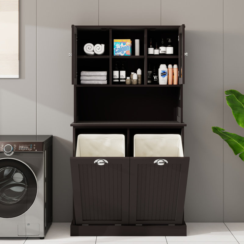 Two-Compartment Tilt-Out Dirty Laundry Basket Tall Bathroom Cabinet With 2 Adjustable Shelves, Black