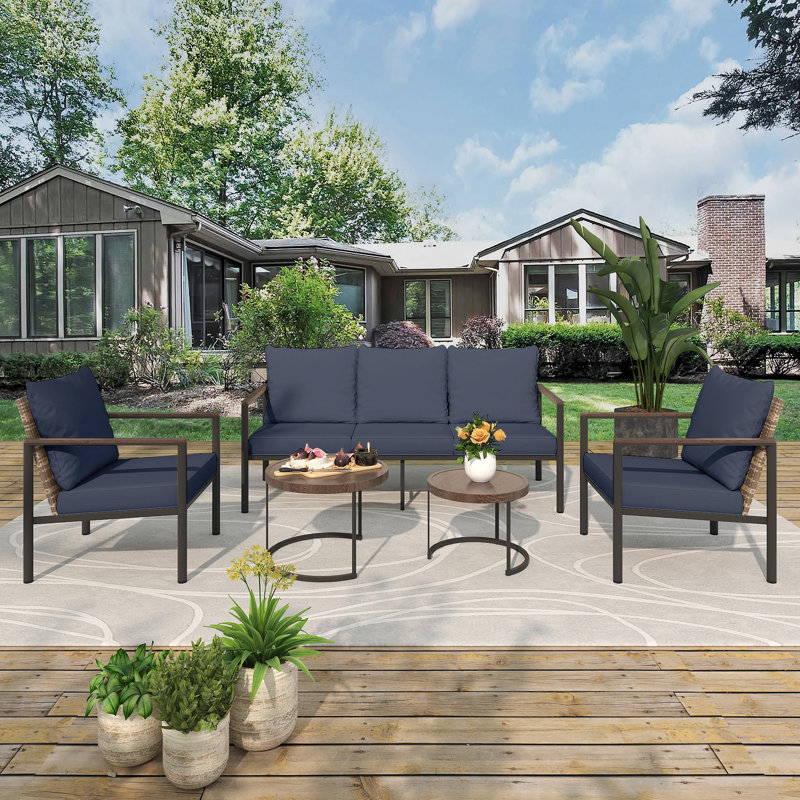 4-Piece All-Weather Wicker Patio Set: 3-Seat Sofa, 2 Chairs,A Tea Table with Cushions - Perfect for Poolside & Backyard, Blue