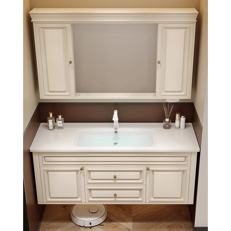 Meuble-lavabo en bois d'hévéa français avec lavabo en céramique et miroir