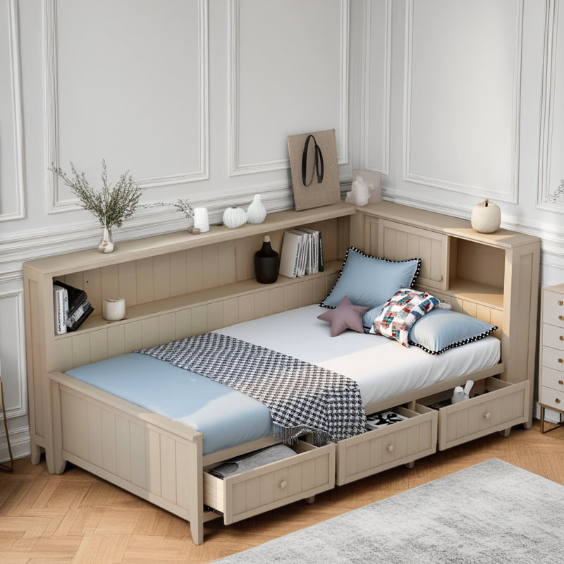 Lit de jour Farmhouse avec tablettes de rangement et 3 tiroirs - Structure en bois massif, finition blanc antique, sans sommier