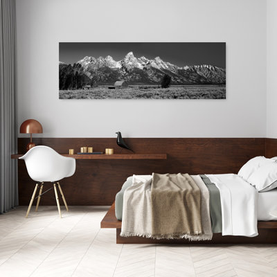 Barn On Plain Before Mountains Grand Teton National Park Wyoming USA 1 Piece Wrapped Canvas Panoramic Wall Art