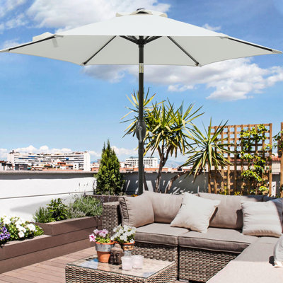 7.5ft Patio Umbrella In Grey, Aluminum Pole, Water - Fabric With Protection, Crank For Smooth Opening And Closing, Push Button Tilt Adjustable Shade, 6 Design Long Lasting Use, Ideal Small Outdoor