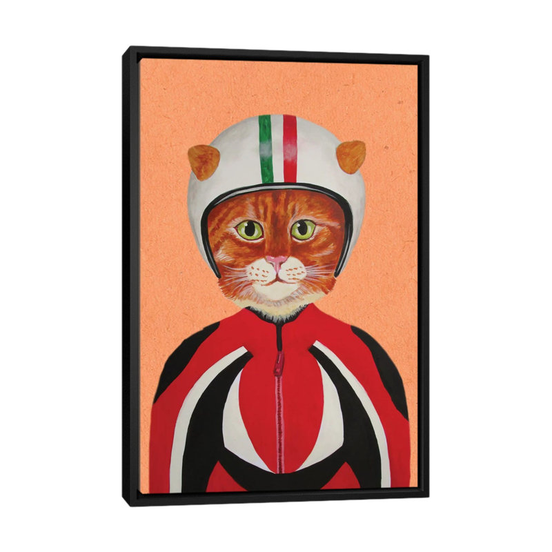 «Cat with Helmet», peinture sur toile tendue, H 26 po x l 18 po x P 1,5 po, Toile avec cadre noir, Pas de tapis