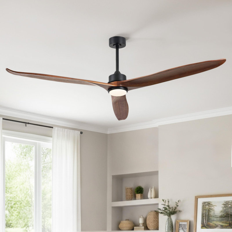 Ventilateur de plafond à 72 pales en bois massif 72 po avec lumière DEL et télécommande, Bois brun foncé