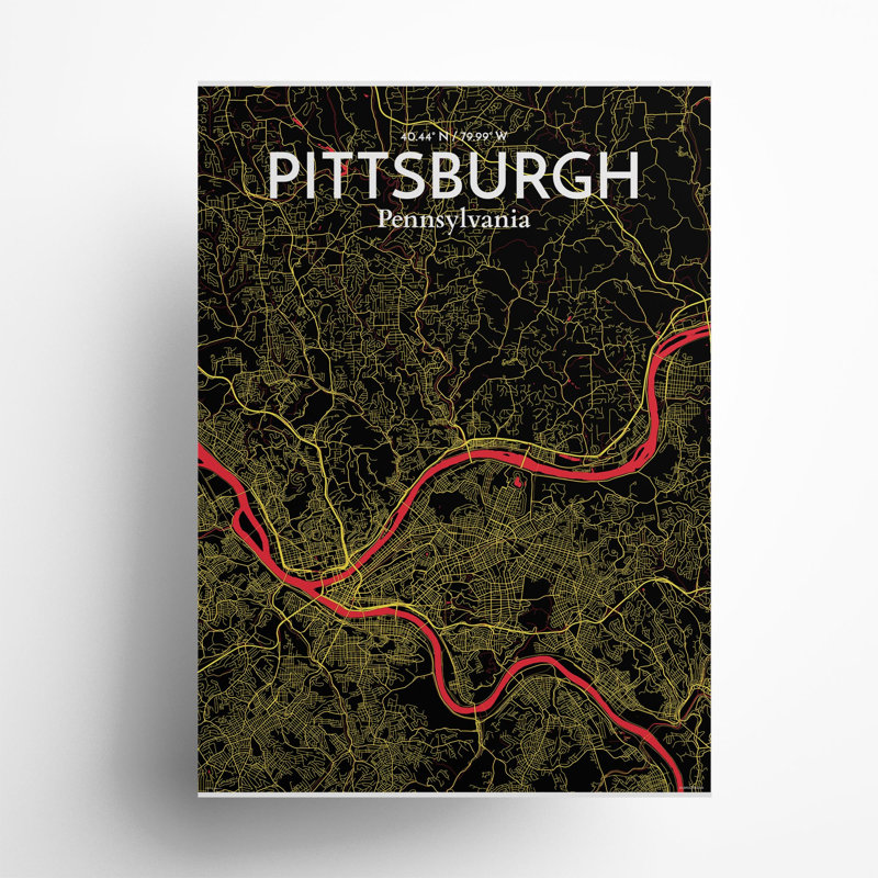 Pittsburgh City Map, impression, Noir / rouge / jaune, H 27,6 po x l 19,7 po