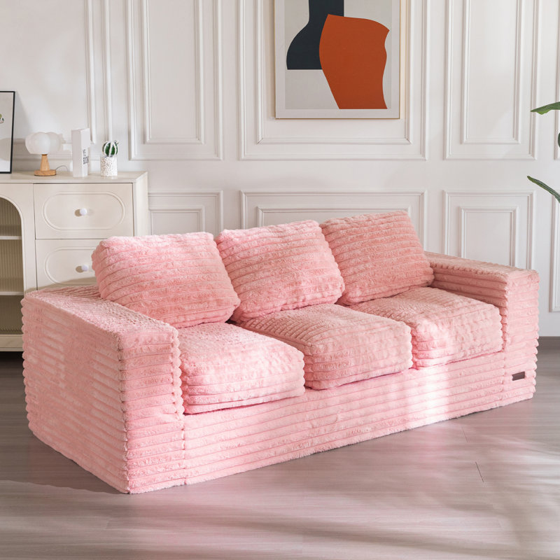 75" Pink Bean Bag Sofa Faux Fur Upholstered 3-seater Floor Sofa With Pillows, Pink Faux Leather