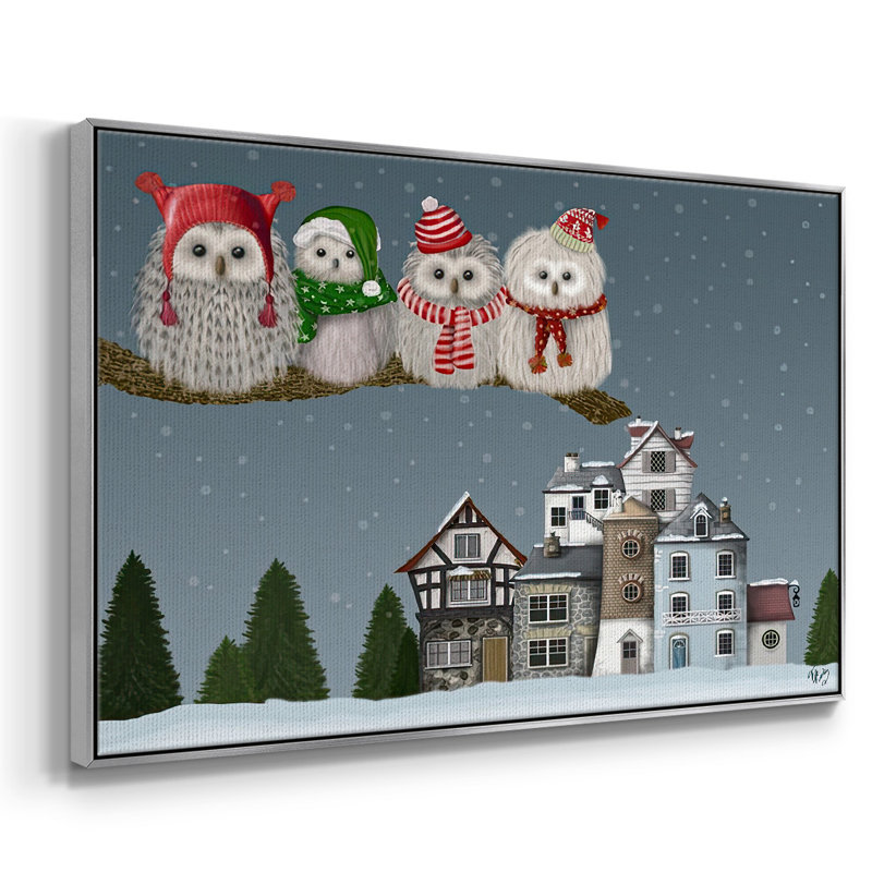 Christmas Christmas Owl Village, reproduction d'art sur toile, H 17 po x l 25 po x P 1,5 po, Encadrement argenté
