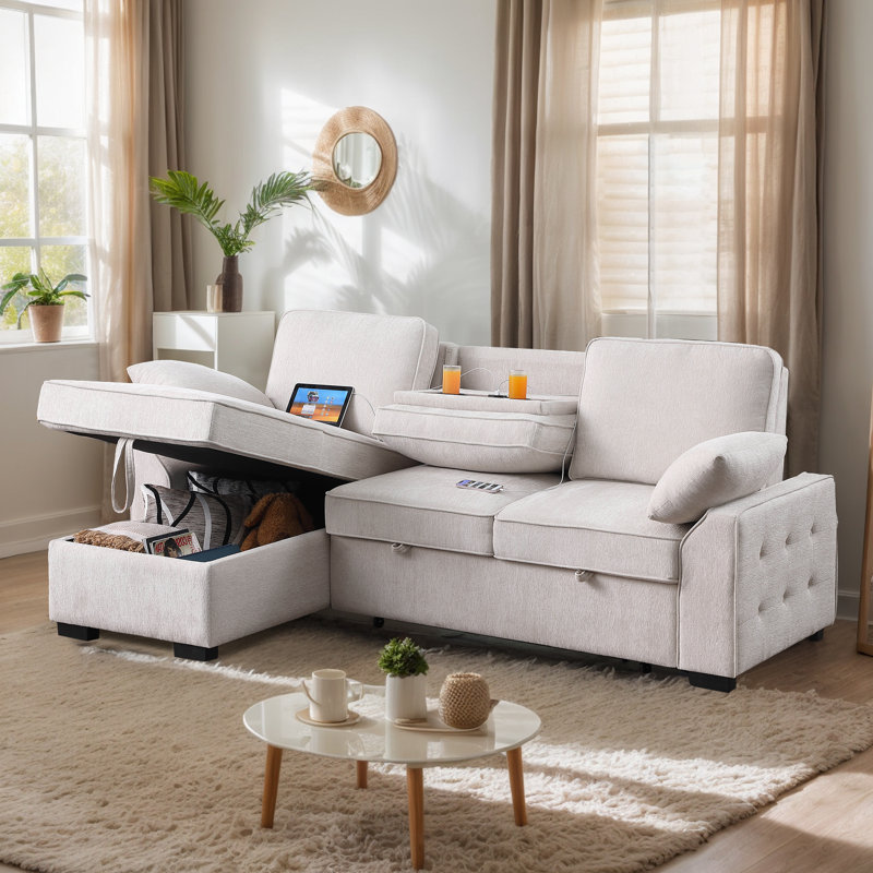 Canapé-lit modulaire coulissant 81,5 po avec méridienne réversible, 5 coussins de dossier et 2 coussins décoratifs, Beige