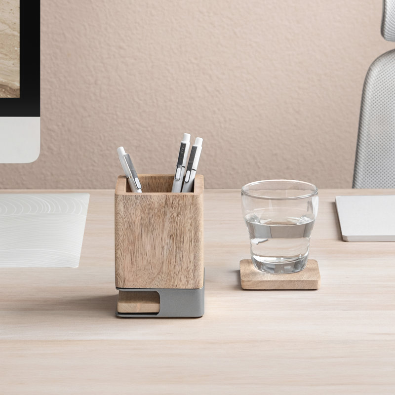 Solid Wood Pen Holder with 2 Coasters, Biscotti/Nickle