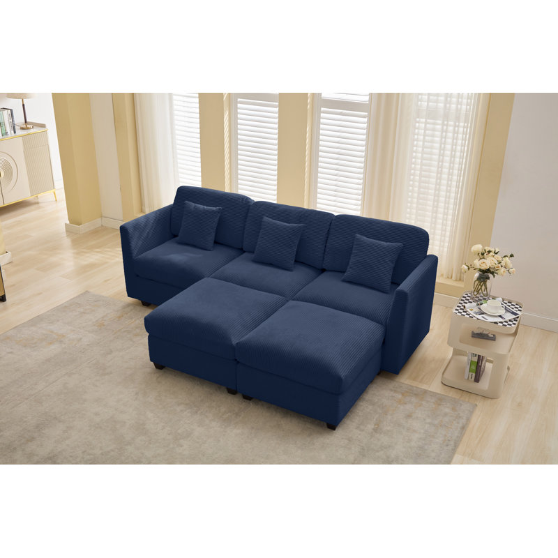 5-piece Modular Sectional Sofa With 2 Ottomans, Dark Blue Corduroy