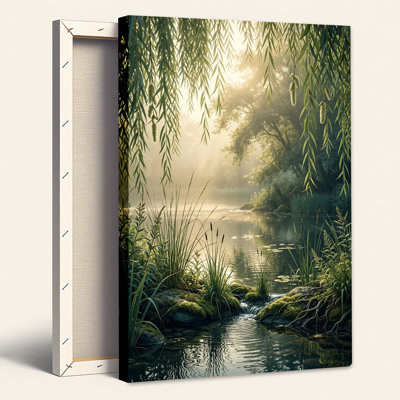 Sunlit Stream Flowing Through Mossy Rocks Under Hanging Willow Leaves Canvas Wall Art