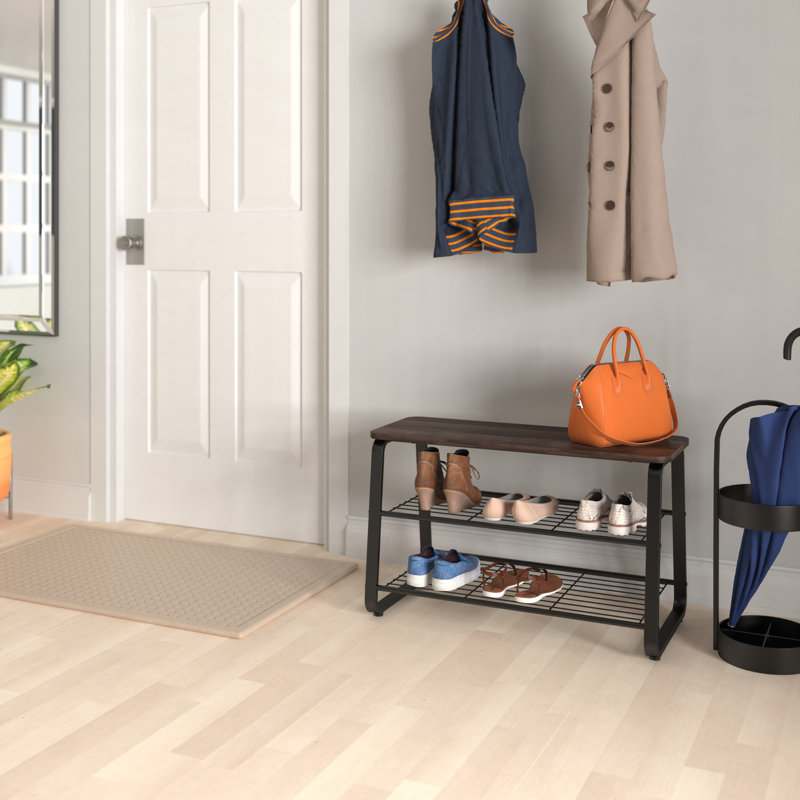 Modern Walnut Metal Frame 2-Shelf Shoe Bench