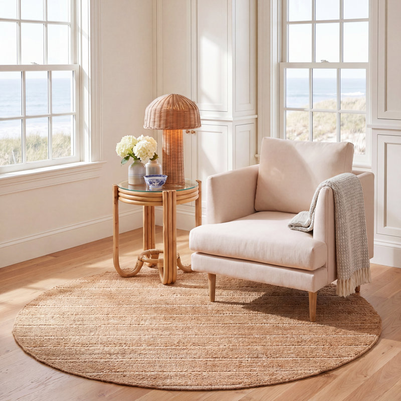 Tapis ivoire en laine tissé à la main Abas, Beige, Rond 6 pi