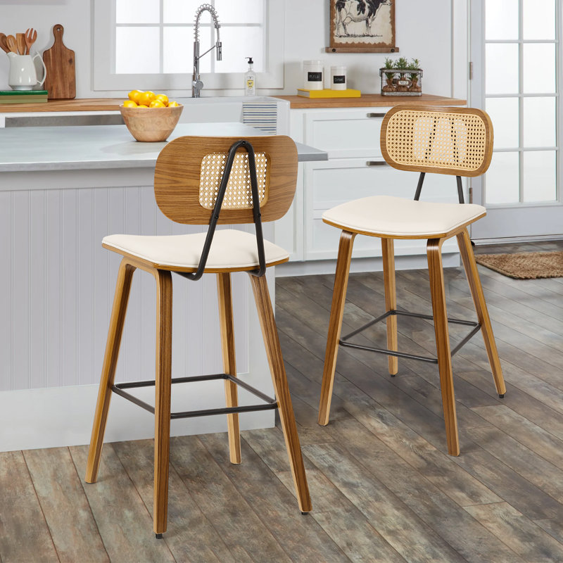 26" Modern Upholstered Low Back Rattan Wood Counter Height Stool, Cream, Brown