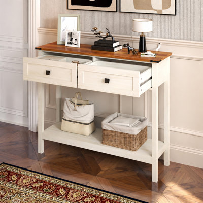 Farmhouse Style Console Table with 2 Drawer and Bottom Storage Shelf for Entryway, Rustic Side Table with Storage Drawer and Shelf for Living room, Ha