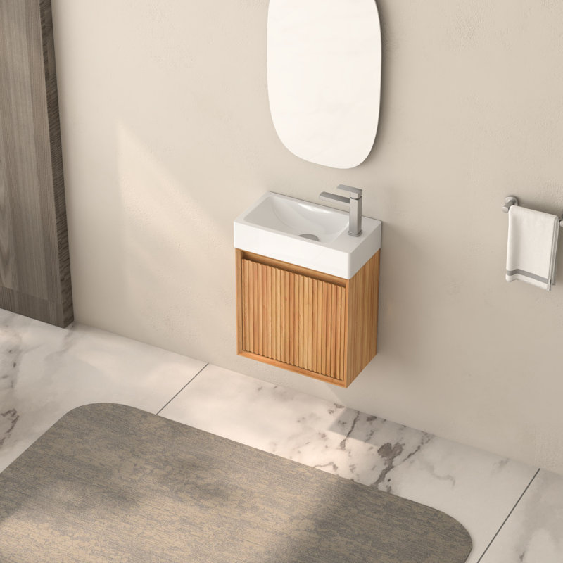 Meuble-lavabo mural de 16 po, bois massif, lavabo en résine blanche, structure, petite surface de conception réversible, installation rapide