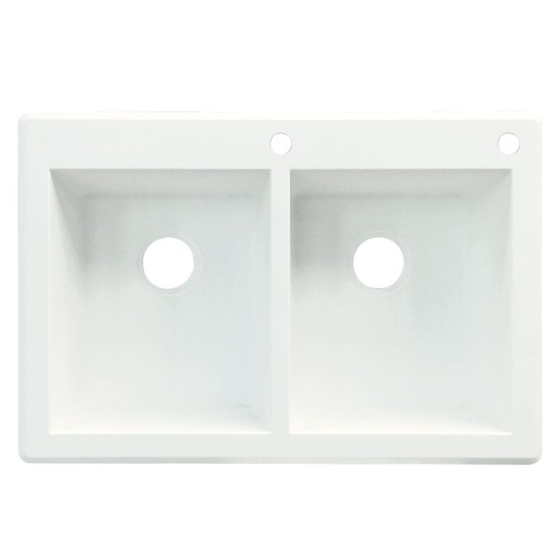 Radius 33.0625'' L Double Bowl Granite Kitchen Sink, White, 2 hole