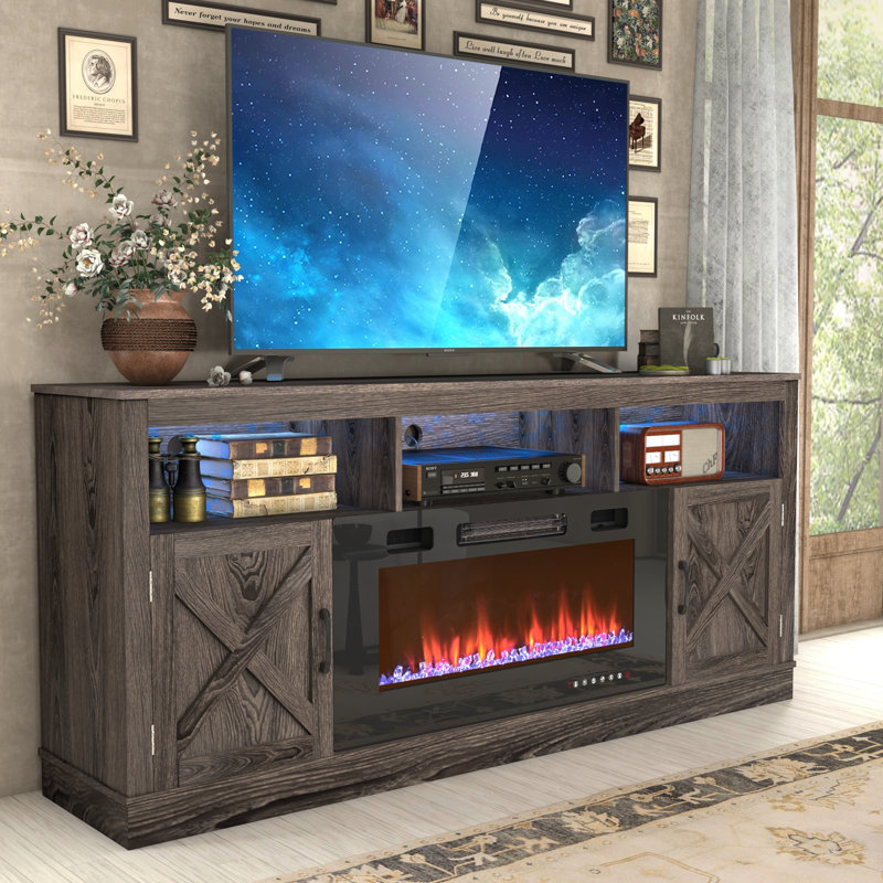 Zev Storage Credenza with Fireplace Included, Grey, 31.5" H x 70.8" W x 13.8" D