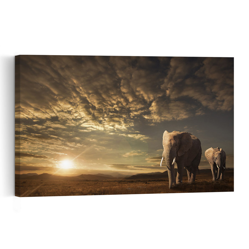 African Sunset Elephants Serene Tranquil Abstract Elephant Landscape Nature Wall Art Print 1 Piece Wrapped Canvas Wall Art