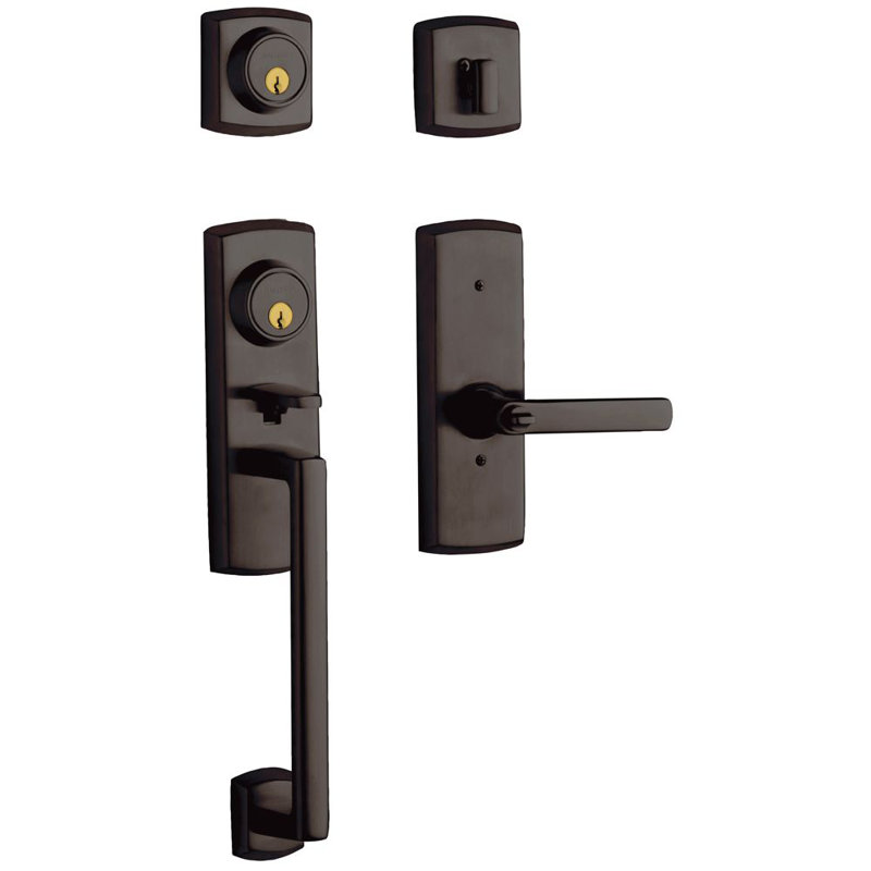 Soho Handleset with Double Cylinder Deadbolt and Door Lever and Rosette, Bronze, Keyed Alike, Yes