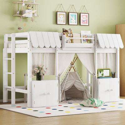 Full Loft Kids Bed with Bookshelf, Storage Shelf, Curtain & Safety Guardrails – Playful Amusement Park Design, Blue by Dovecove