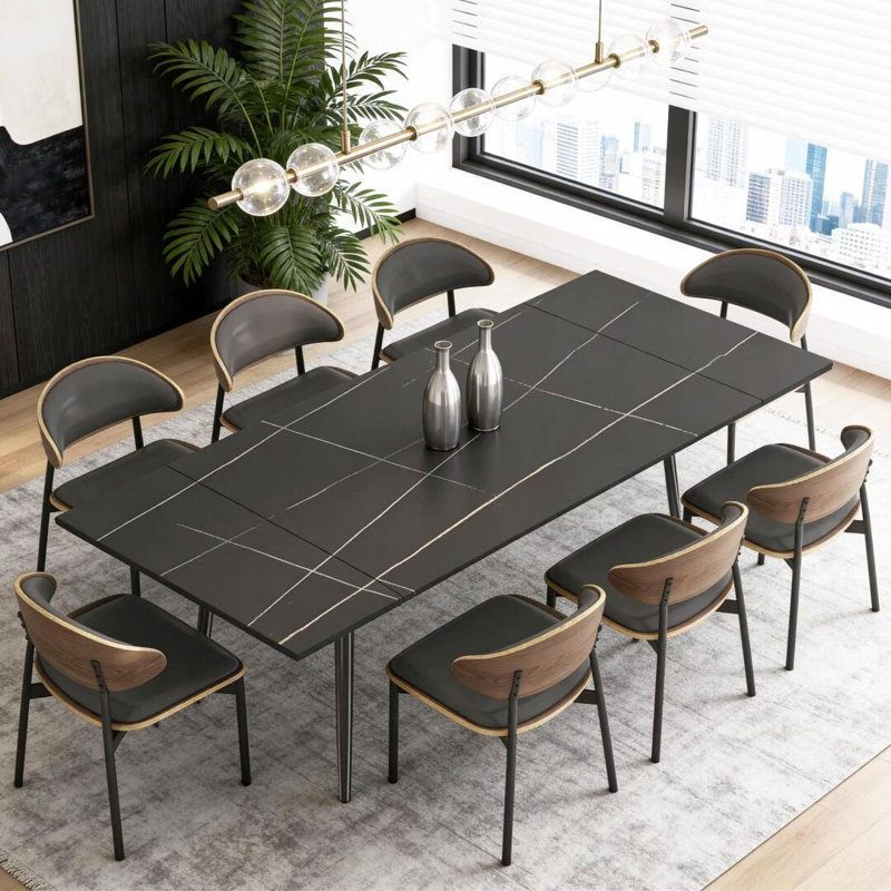 Extendable Dining Table 62.9"-94.4" Seats 6-10 Sintered Stone Black Modern Easy Assembly Indoor Outdoor, Black