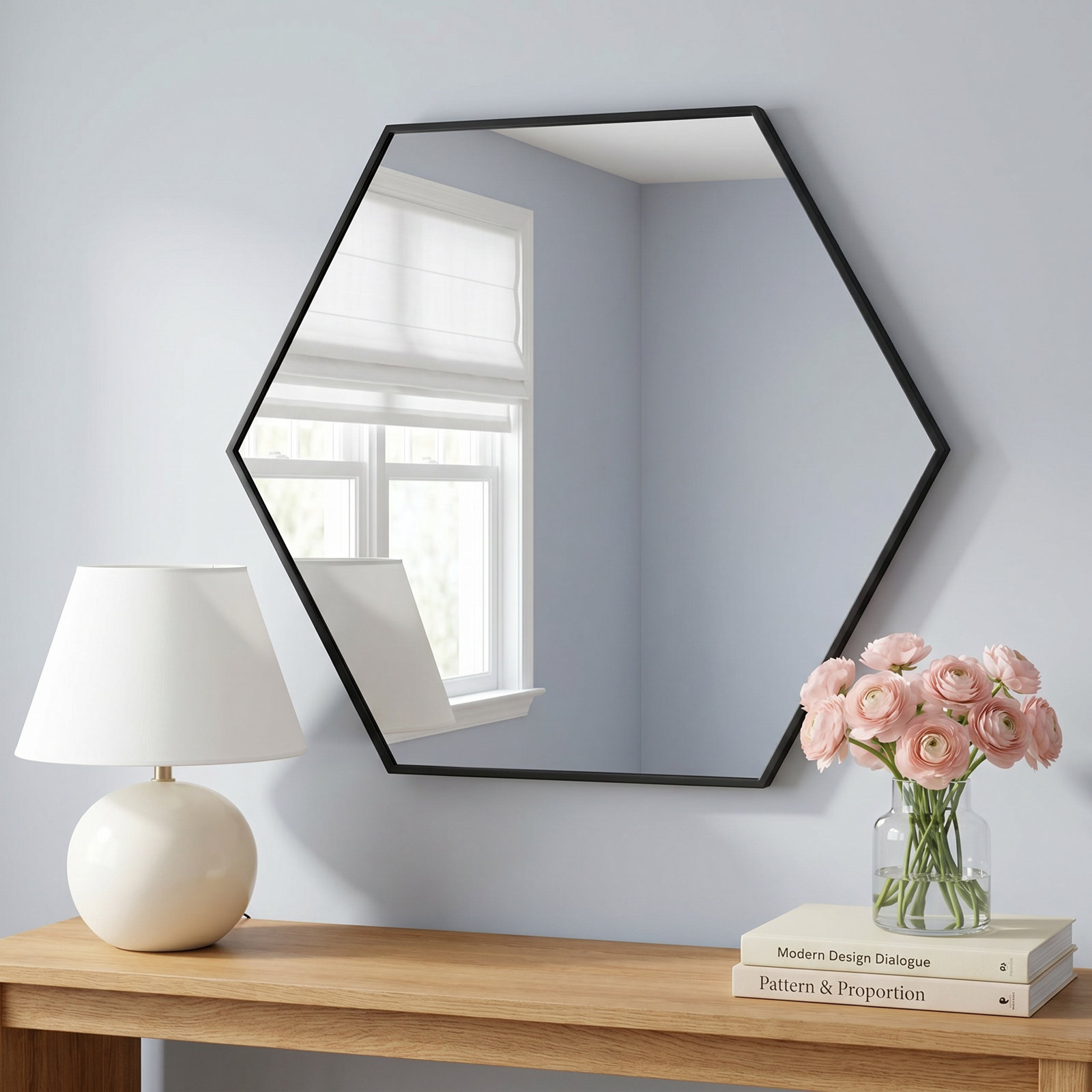 Sabine Metal Hexagon Wall Mirror, 40" H x 30" W, Black