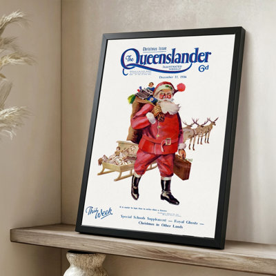 Modern Abstract Santa Claus carrying gifts, sleigh with toys, reindeer, Christmas illustration style. 24" x 36" Framed Canvas Wall Art in Black Wood Fram