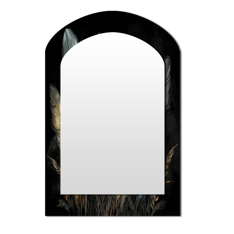 Gold Gilded Feathers II - Glam Feather Asymmetrical Large Mirror, Modern Arch Unique Wall Mirror Decor, Printed Metal Art