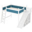 Lit mezzanine double bleu et blanc avec tablettes de rangement, glissière amovible, étapes d'installation simple, idéal pour économiser de l'espace dans la chambre à coucher