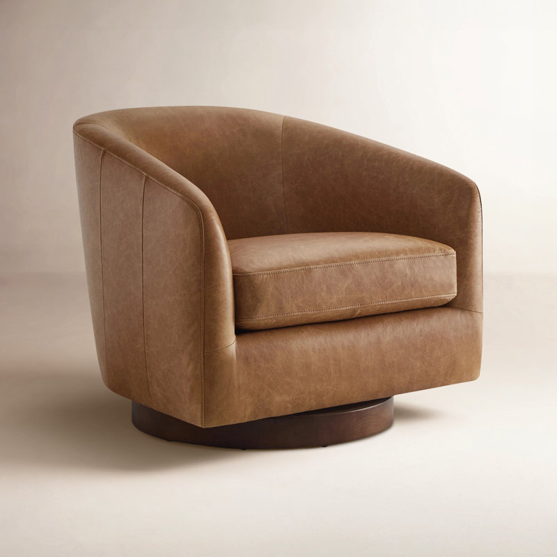 Bennett Genuine Leather Swivel Barrel Chair, Marseille Brown Genuine Leather