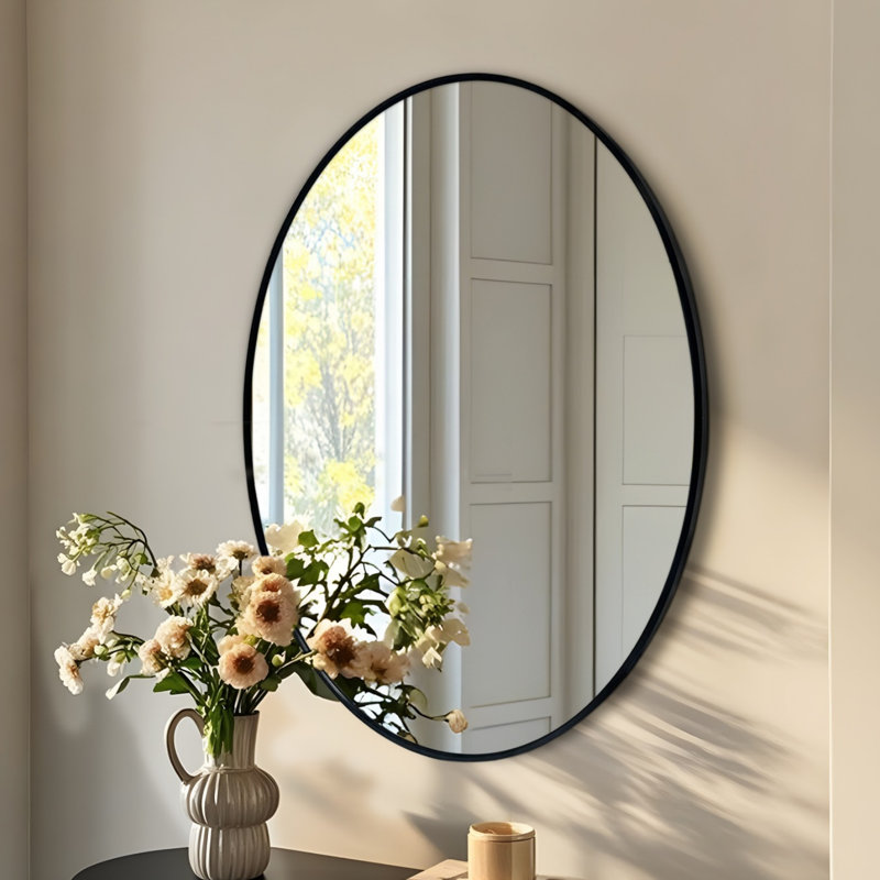 Miroir mural noir ovale moderne avec cadre mince en aluminium pour salle de bain et chambre à coucher, 31,5 po x 23,62 po